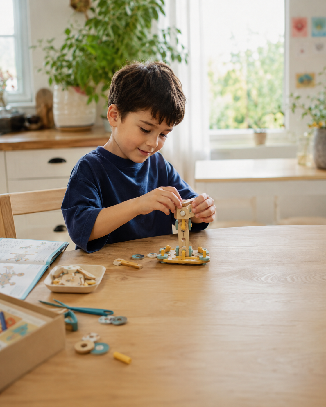 A child at home, focused mid-project with a hands-on Pieces of Learning kit