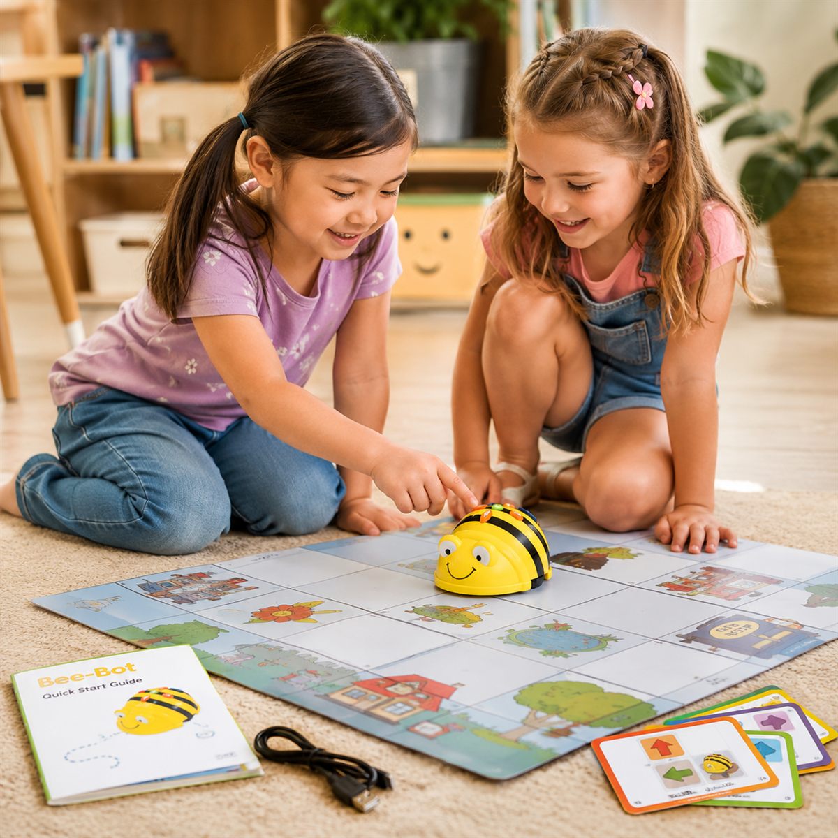 children programming a small floor robot on a grid mat