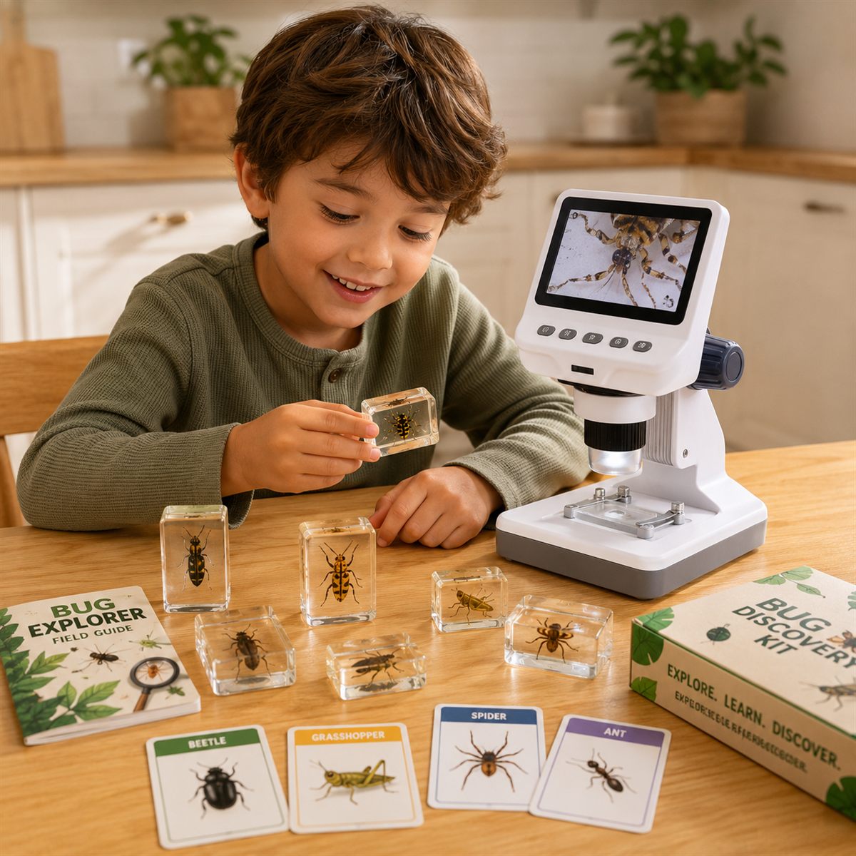 A boy examining bug specimens with a microscope