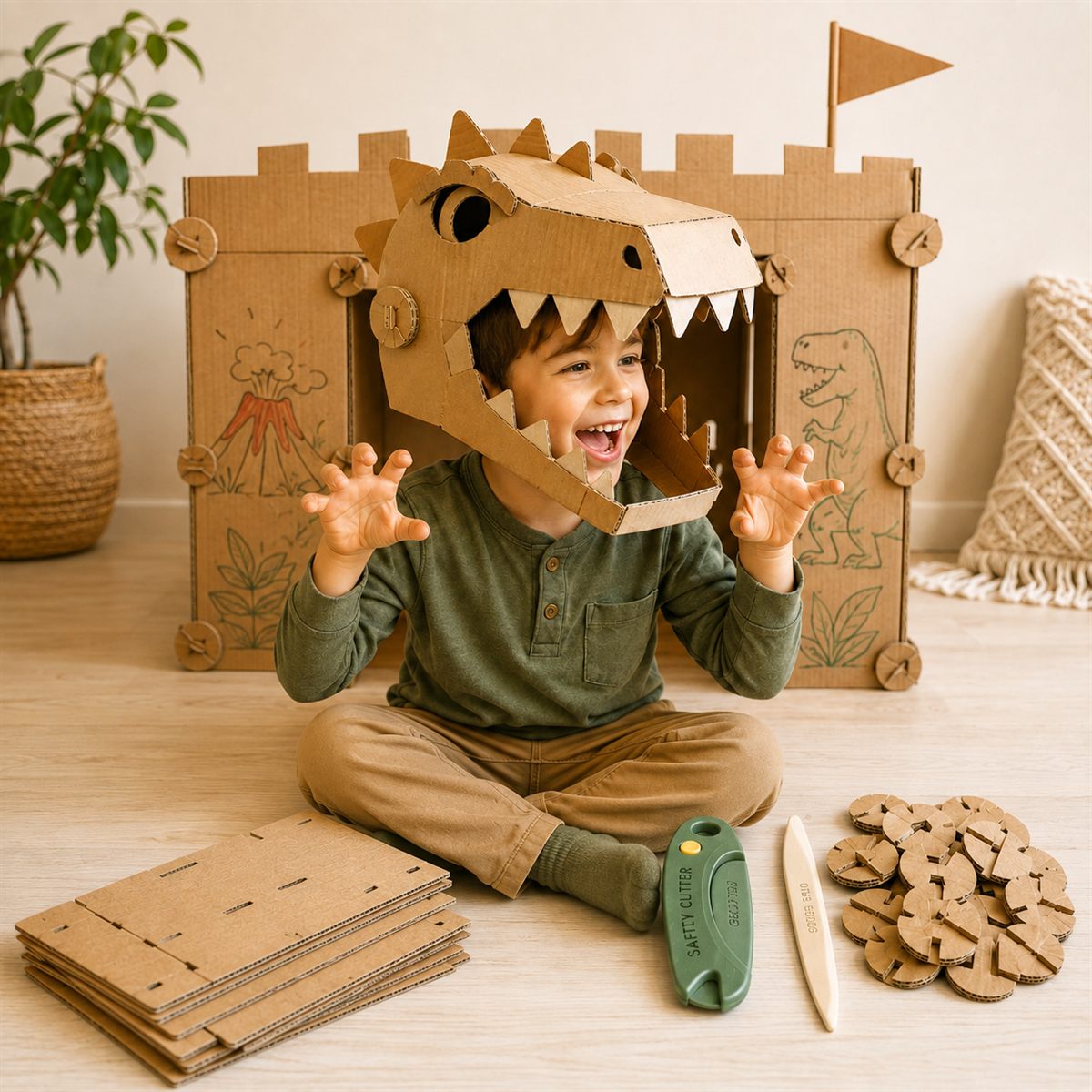 children building with cardboard using kid-safe tools