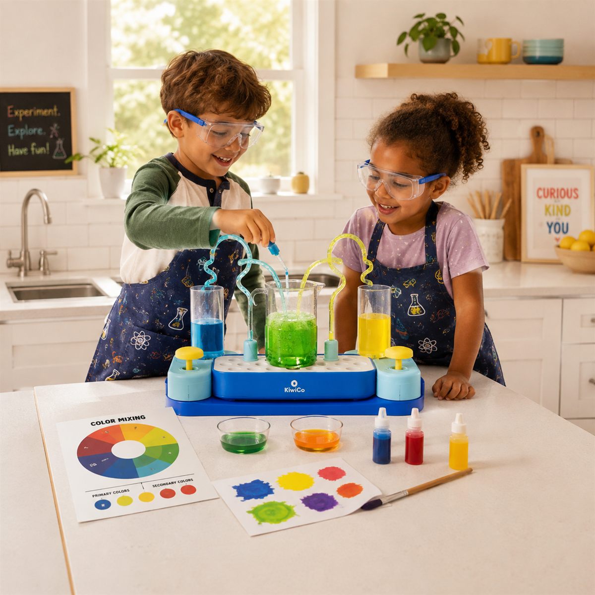 Two children mixing paint colors in a home science experiment