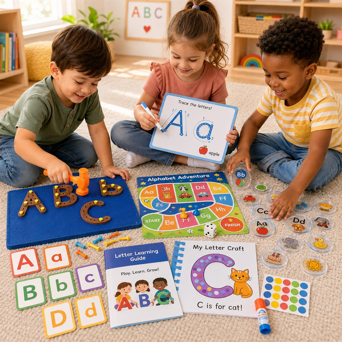 a young child matching alphabet letters