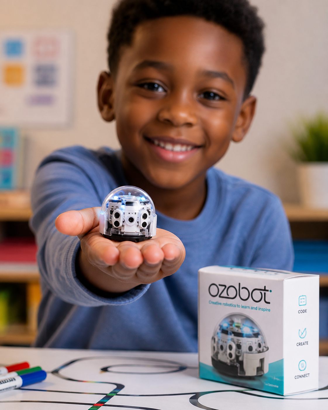 a child guiding a small line-following robot along a drawn path