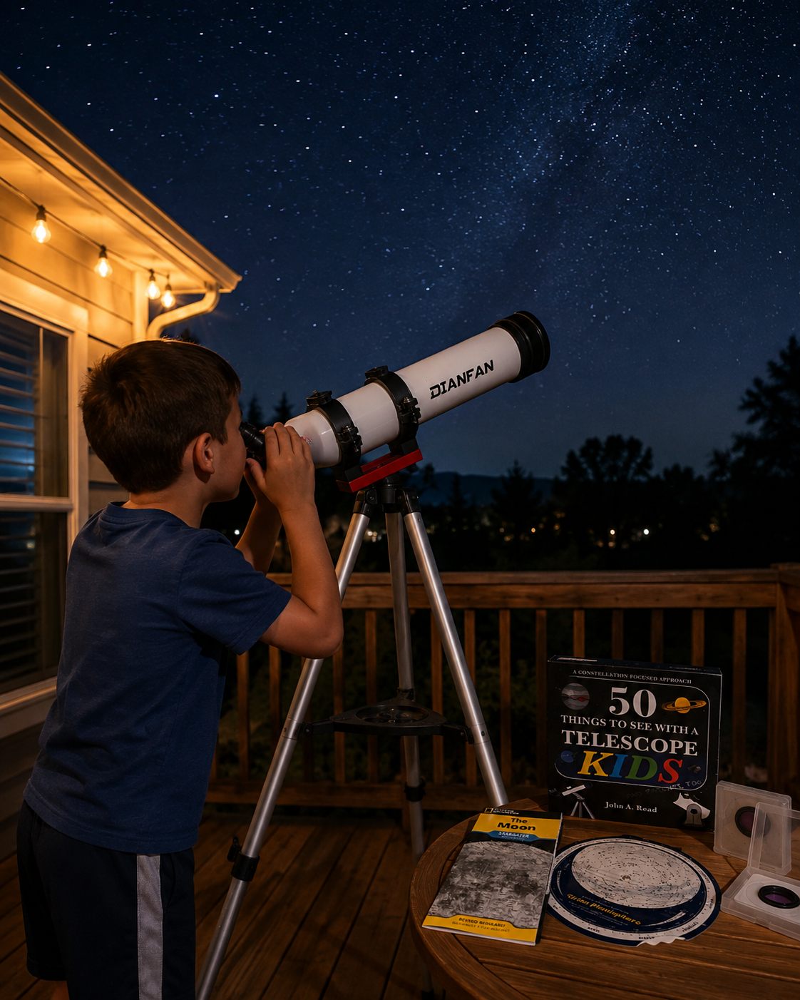 A child stargazing on a deck with a telescope