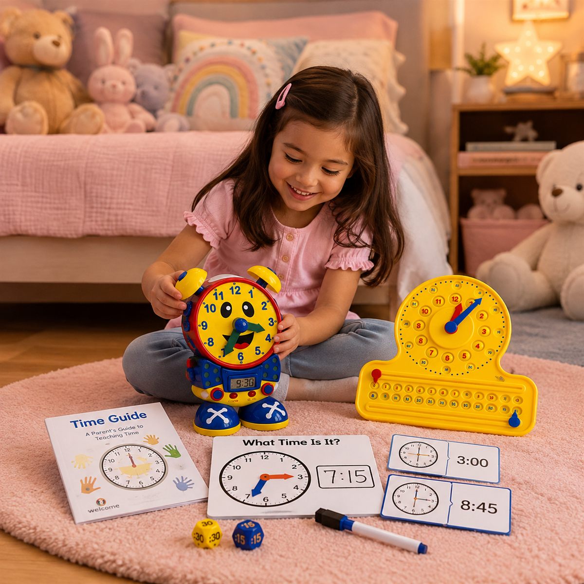 a child setting the hands on a learning clock
